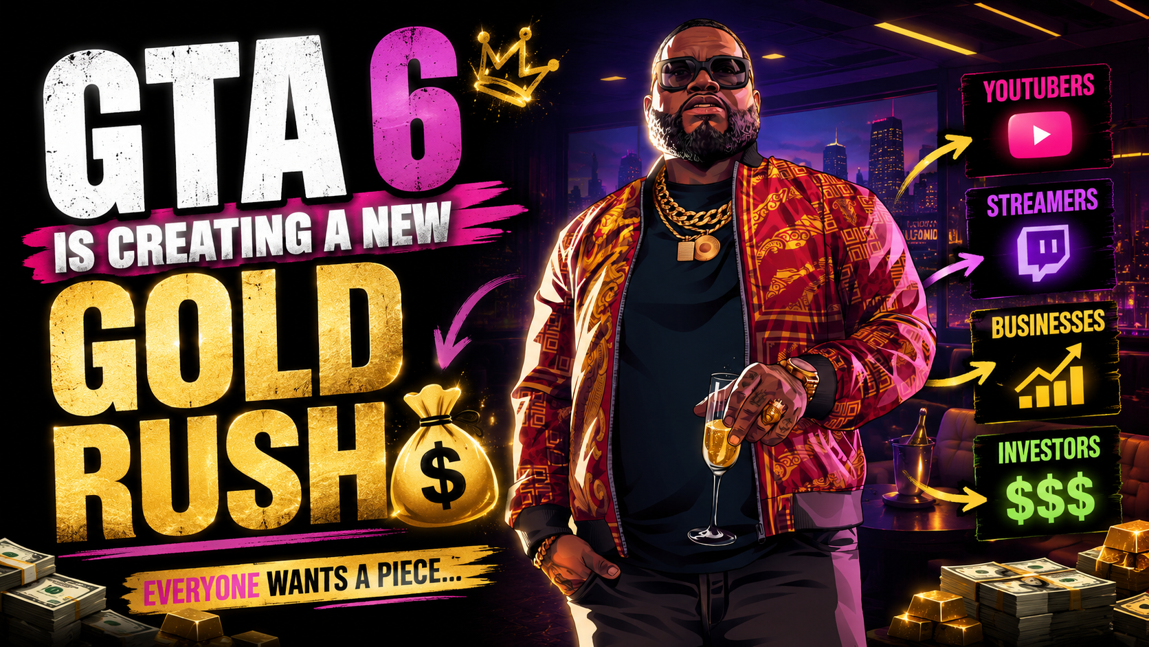 GTA 6 gold rush artwork showing creators, streamers, businesses and investors chasing the opportunity around the game.