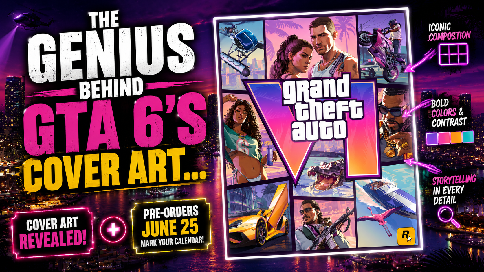 GTA 6 cover art showing Jason, Lucia, vehicles, wildlife, skyline, and Leonida atmosphere.