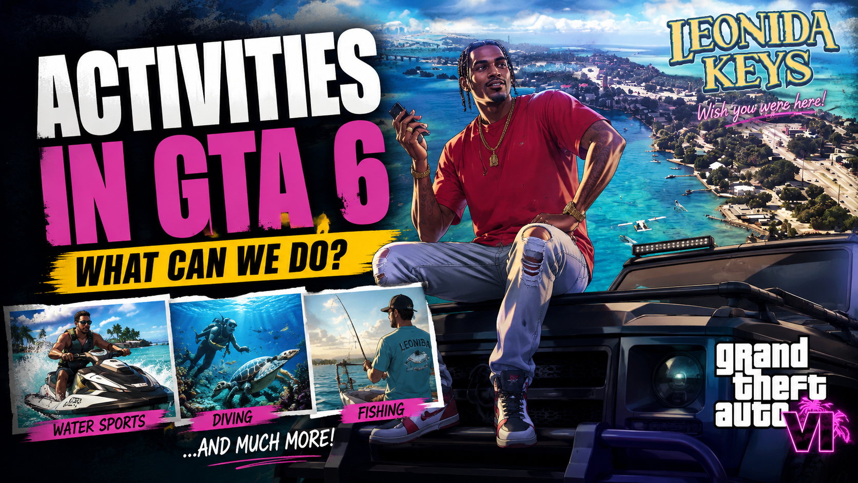 GTA 6 activities thumbnail showing Leonida Keys artwork with activities like water sports, diving and fishing.